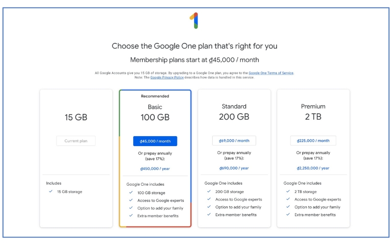 giá các gói dịch vụ Google One